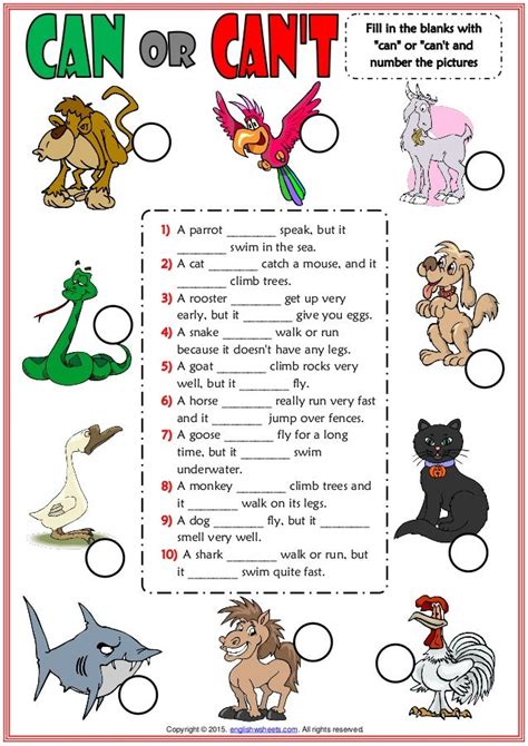 Can Or Cant Esl Worksheet With Animals Vocabulary For Kids