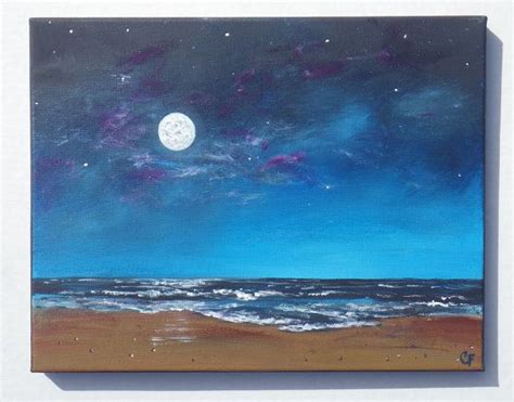 Night Sky Painting Full Moon Ocean Seascape With Stars Glow In The
