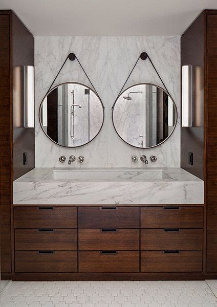 There's more than enough mirror for everybody! Double round mirrors and marble vanity. | Bathroom design ...