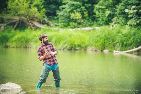 Fisherman Man On River Or Lake With Fishing Rod Stock Photo Image Of