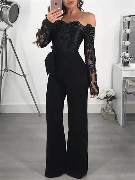 women fashion lace black long sleeve splicing jumpsuit off shoulder guipure lace tie waist