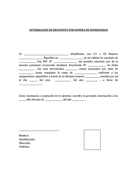 Formato Autorizacion De Descuento Por Nomina Pensionados Pdf