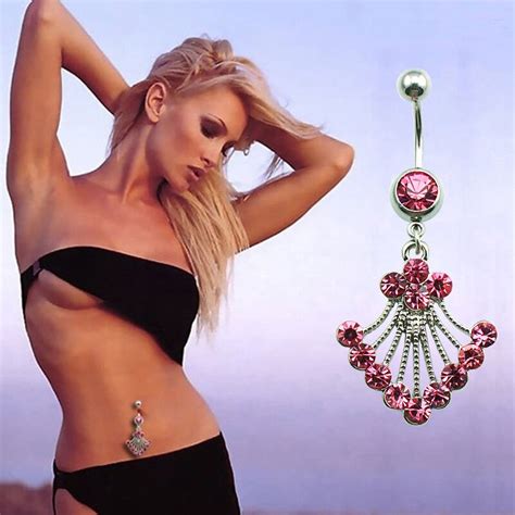 Ladies Fashion Crystal Rhinestone Navel Button Bar Ring Piercing Body Belly Jewelry In Body