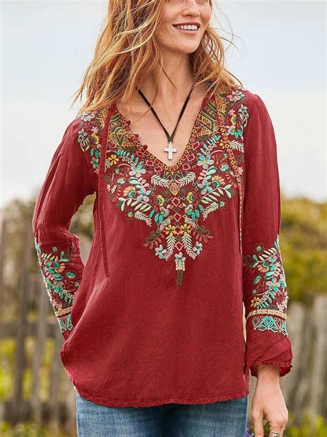 Floral Embroidered Casual Shirts And Tops Fashion Bohemian Blouses Tops