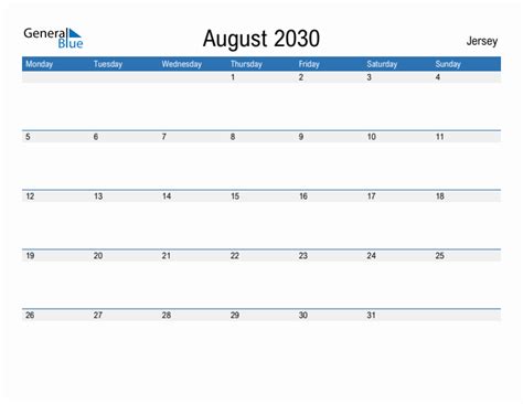 Editable August 2030 Calendar With Jersey Holidays