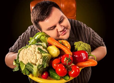 Diet Fat Man Eating Healthy Food Healthy Breakfast With Vegetables Stock Image Image Of