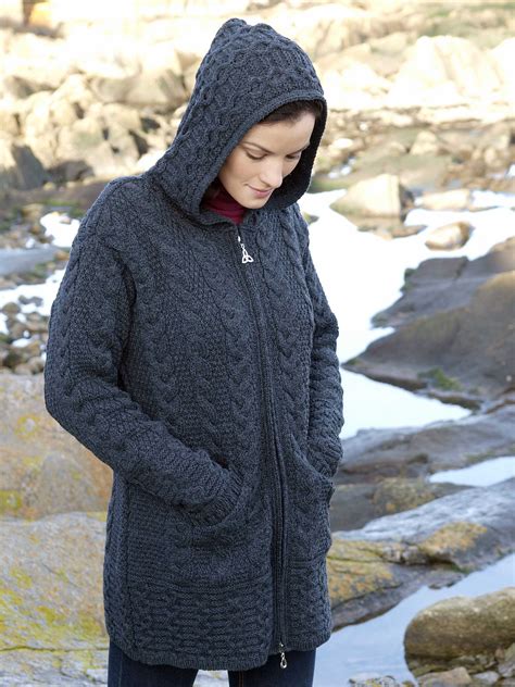 Irish Merino Wool Ladies Hooded Aran Zip Sweater Coat Ebay