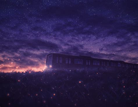 Download Sky Night Starry Sky Sunset Anime Train Hd Wallpaper By