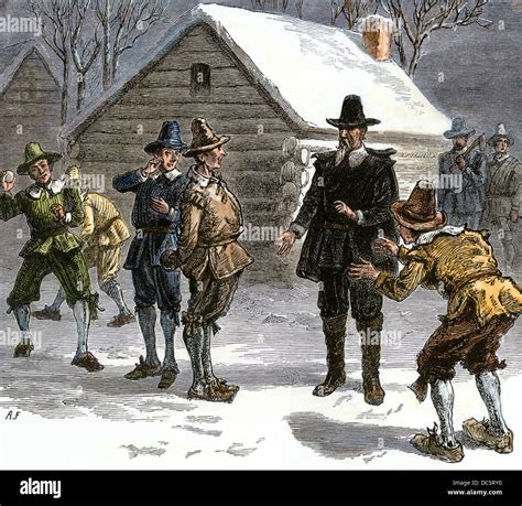 Plymouth Colonists Tossing Snowballs In Front Of Governor William