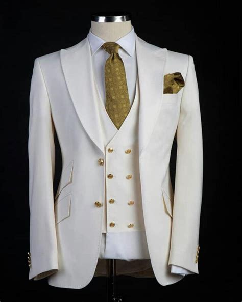 Ivory Wedding Groom Suits Tuxedos For Men 3 Pieces Jacket Pants Ves
