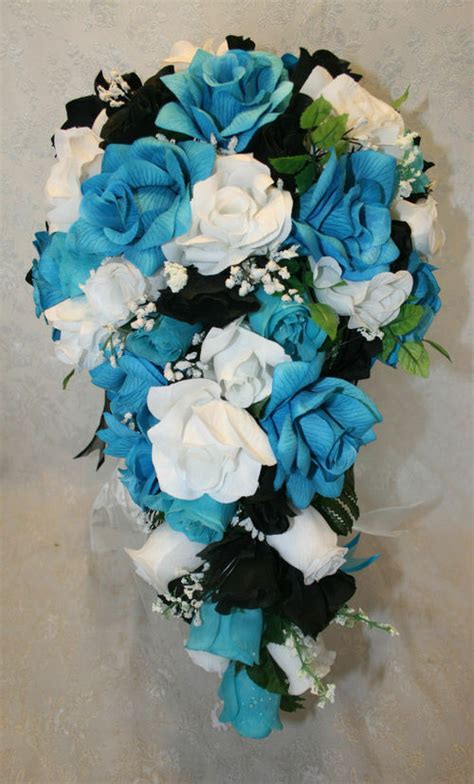 See more ideas about turquoise wedding, floral crown, turquoise. Malibu Turquoise Black Wedding Bridal Bouquet Cascade Silk ...