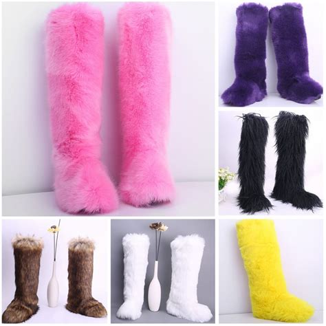 Women S Faux Fur Boots Fluffy Purple Pink Over The Knee Boots