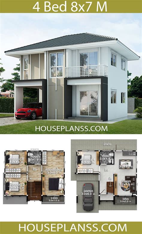 Some homeowners also like clearly defined shared and private spaces, and having the bedrooms on the second floor creates this separation. House Plans Idea 8x7 with 4 Bedrooms - House Plans 3D in ...