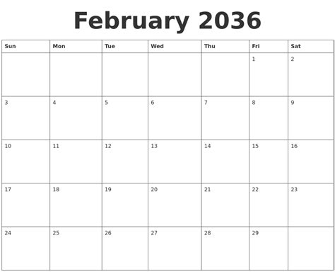 February 2036 Blank Calendar Template