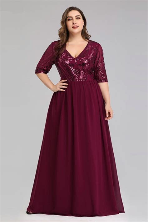 Burgundy V Neck Sequins Plus Size Prom Dress Long With Short Sleeves Online