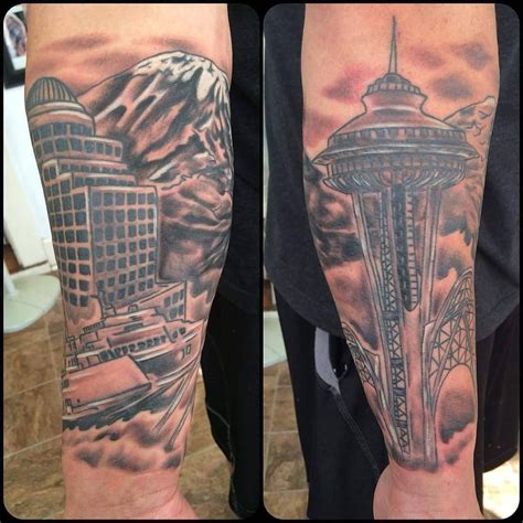 Space Needle And Mt Ranier Sleeve By Matt G Nunnelee At One Shot Tattoos