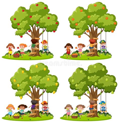 Set Of Kids Playing Swing Under Trees Stock Vector Illustration Of