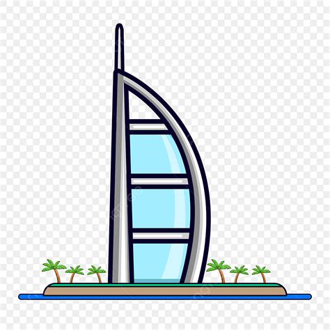 รูปภาพประกอบการ์ตูนสไตล์ Burj Al Arab Png หลักเขต ภาษาอาหรับ ทะเล