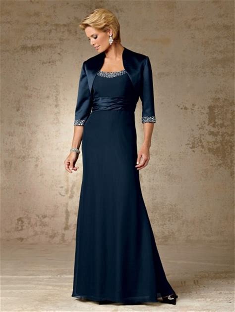 Vintage Long Navy Blue Beaded Chiffon Mother Of The Bride Dress With Jacket