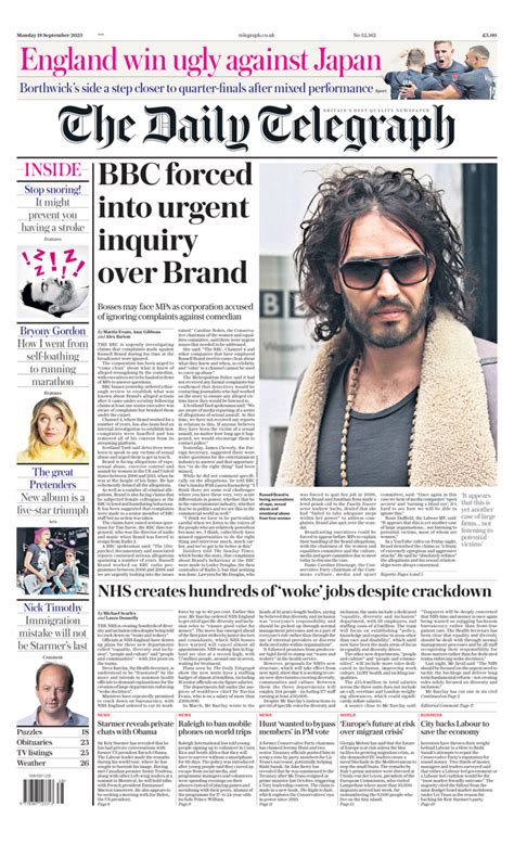 Daily Telegraph Front Page 18th Of September 2023 Tomorrow S Papers