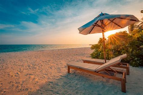 Beautiful Sunset Beach Chairs On The Sandy Beach Near The