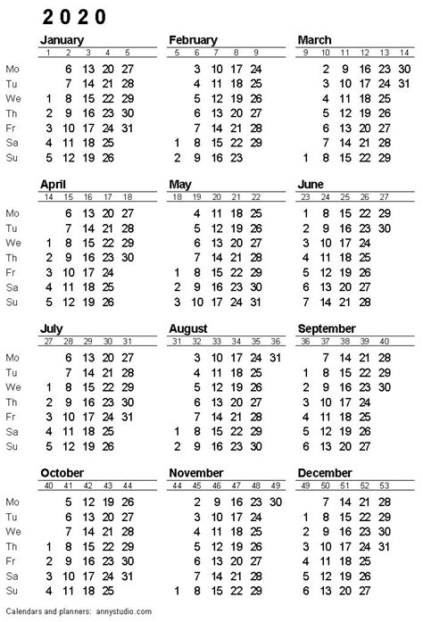 You can create week calendar from any day. Printable calendar 2020, Monday week start, ISO week ...