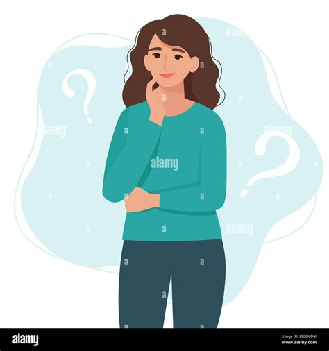 thinking but happy woman with question marks flat cartoon style vector illustration stock