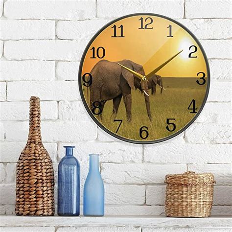Modern Wall Clock African Animal Elephants In Savanah At