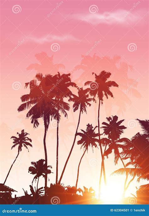 Pink Sunset Palms Silhouettes Poster Background Stock Vector