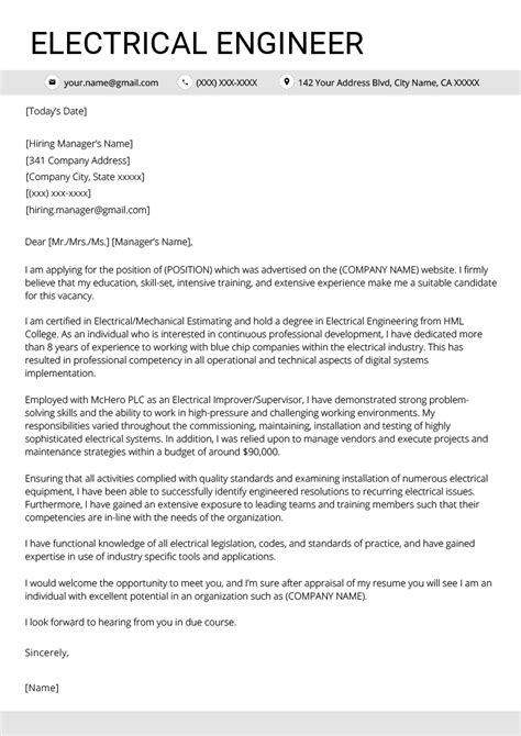 Engineering internship cover letter for a resume see more cover letter templates and create your cover letter here. Electrical Engineer Cover Letter Example | Resume Genius