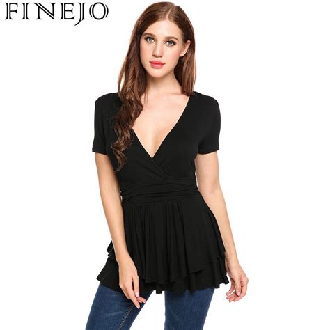 Finejo Women T Shirts Sexy Deep V Neck Front Cross Short Sleeve T Shirt Solid Double Layers