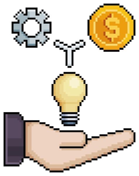 Premium Vector Pixel Art Hand Holding Light Bulb Coin And Gear