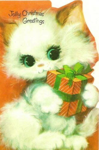 Merry Christmas Vintage 1970s Greeting Card Happy Cute Fluffy White