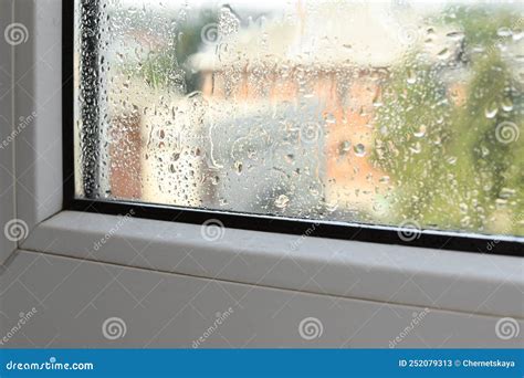 Wet Window On Rainy Day Closeup View From Inside Stock Image Image