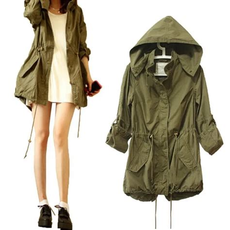 Women Spring Autumn Army Green Military Parka Trench Hooded Coat Jacket
