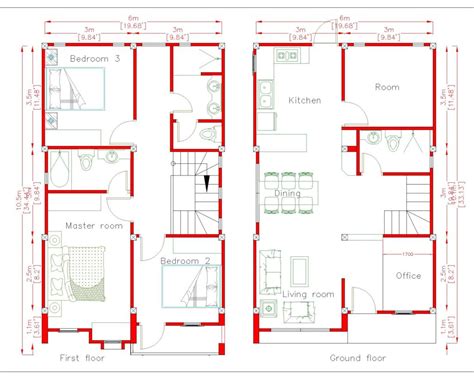 House Plan Drawing 6x10 Meters 20x33 Feet 2 Beds Simple