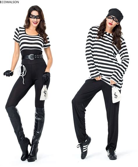 prisoner cosplay costumes man women prison criminal suits jail adult black and white striped