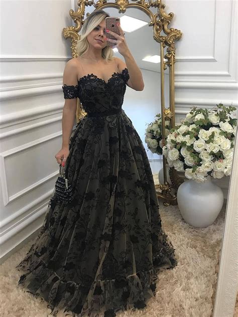 Off Shouler Black Lace Long Prom Dresses With Appliques Off Shoulder