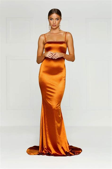 Lesiya Golden Rust Satin Gown With Mermaid Silhouette And Long Train