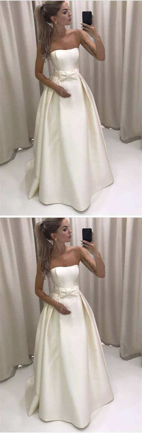 Custom Made White Satin Strapless Long Evening Dress With Ribbon Prom Dresses Wedding Gowns On
