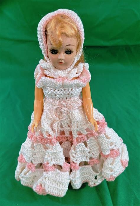 Vintage 1960s 8 Doll Blonde Hair Blue Eyes In Handmade Crochet Dress