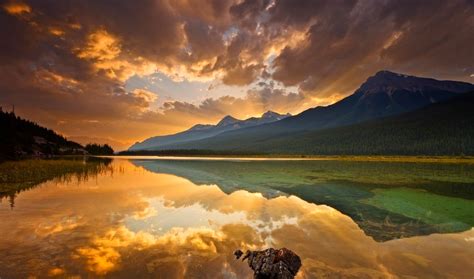 Canada Lake Reflection Sunset Clouds Mountain Forest