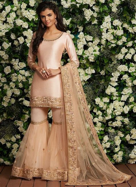Light Peach Embroidery Gharara Suit Sharara Kameez Dupatta Bollywood Style Dress Handmade