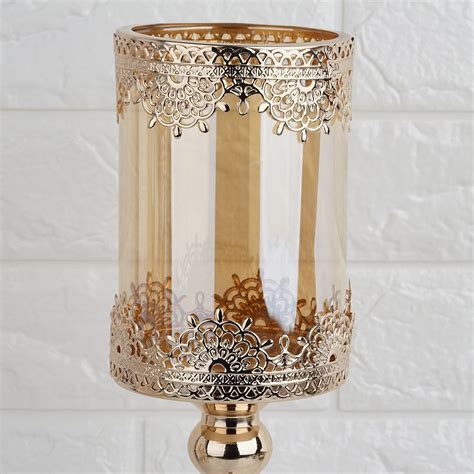 15 Tall Lace Design Gold Amber Hurricane Glass Candle Holder With