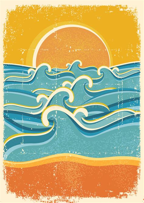 Sea Waves And Yellow Sand Beach On Old Paper Stock Vector