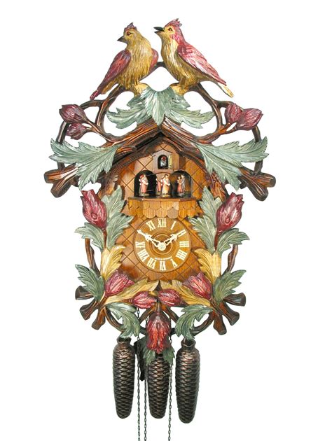 Carved 8 Day Musical Cuckoo Clock With Birds In The Garden 57cm By Aug