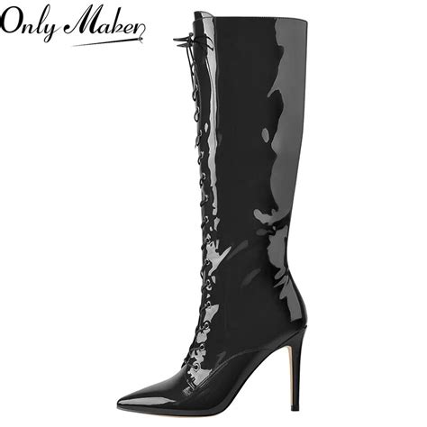 Onlymaker Women Knee High Boots Pointed Toe Lace Up Thin High Heel Sexy Stiletto Zip Black