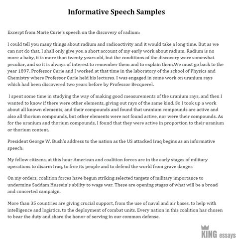 Choose a informative speech topic from our list and write an outstanding speech or presentation! 99 by Informative Speech Example - Resume format