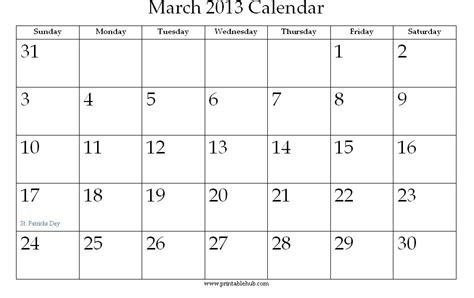 March 2013 Printable Calendar Printable Hub