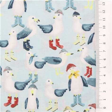 Dear Stella Pale Blue Cotton Fabric Seagulls Wellington Boots Ocean
